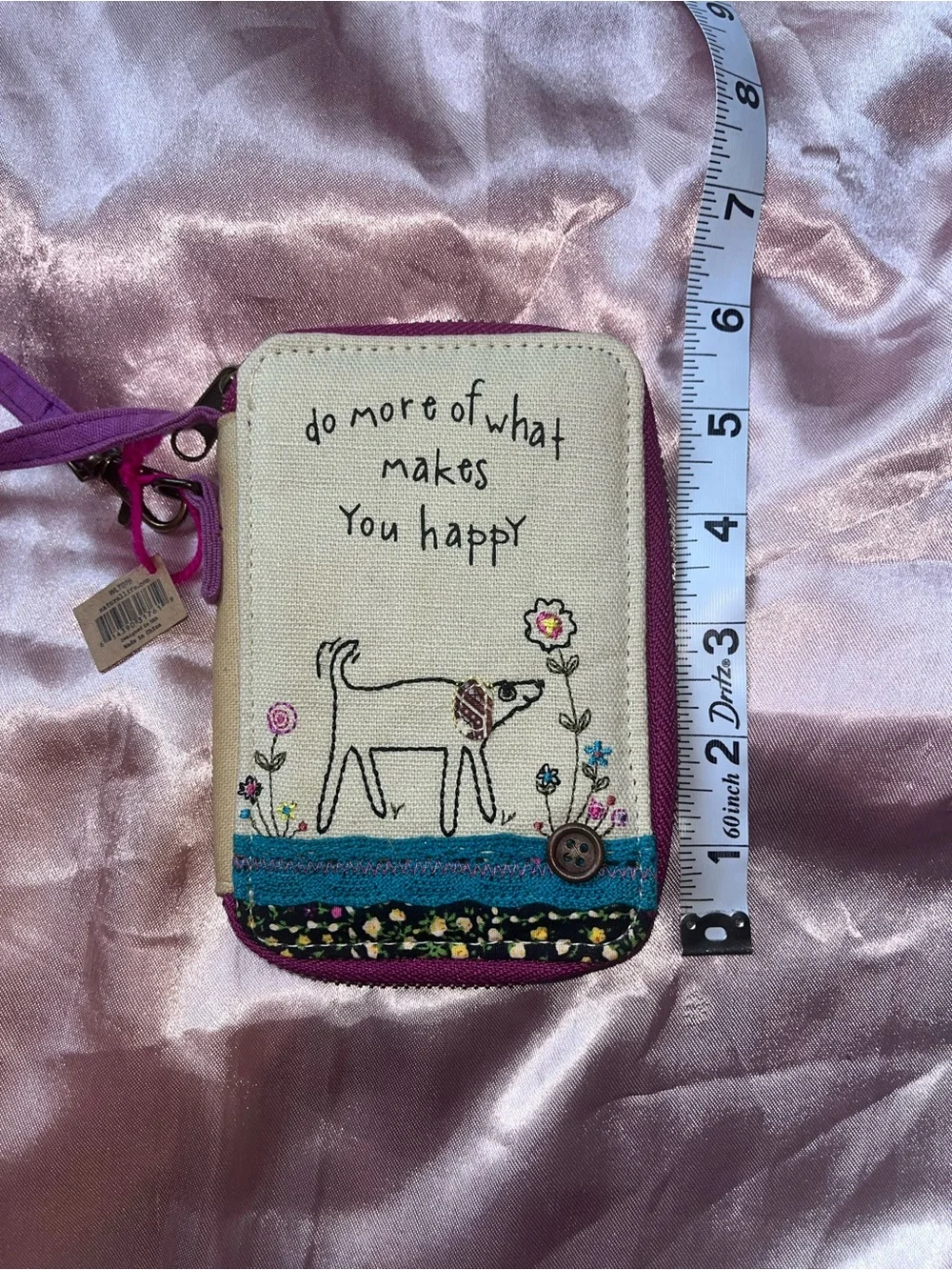 NATURAL LIFE Canvas Wristlet with Purple Strap and Pink Stitching